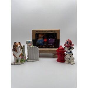 Dog Salt Pepper Shaker Lot 3 Sets Omnibus Collie Dalmatian Fireman Magnetic NIB